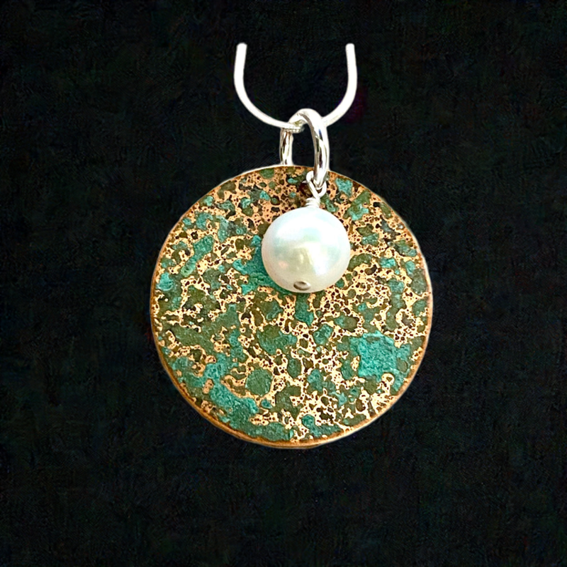 #425 Patina Round w/Round Pearl Pendant