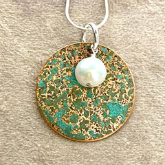 #425 Patina Round w/Round Pearl Pendant