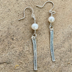 White Pearl & Hammered Sterling Earrings #457