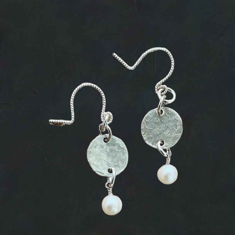 #504 Sterling Discs & White Pearl Earrings