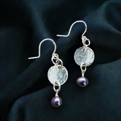 #596 Sterling Discs & Gray Pearl Earrings