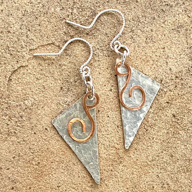 Sterling Triangle & Copper Swirl Earrings #600