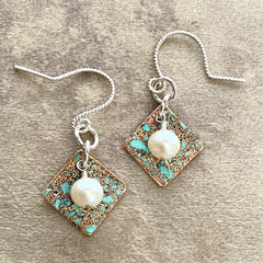 #680 Patina Diamond Shape Earrings w/Pearls