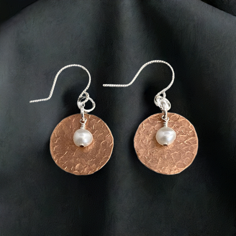 #96 Hammered Copper & Pearl Earrings