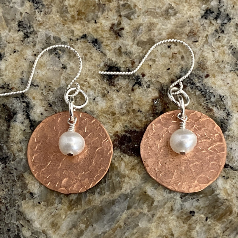Hammered Copper & Pearl Earrings #96