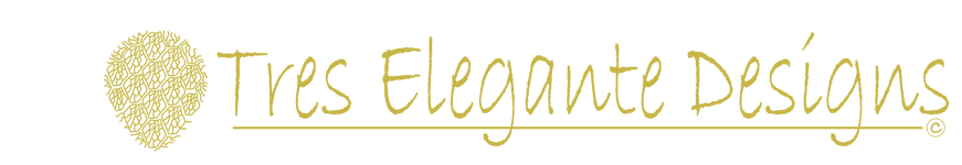 Logo of Tres Elegante Designs with gold text on a white background